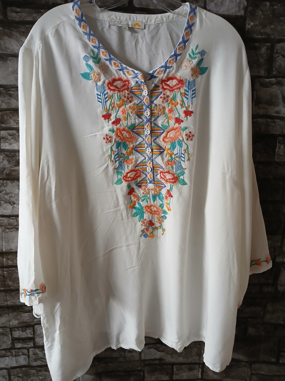 C&C California White Midi Dress with Blue and Yellow Embroidery